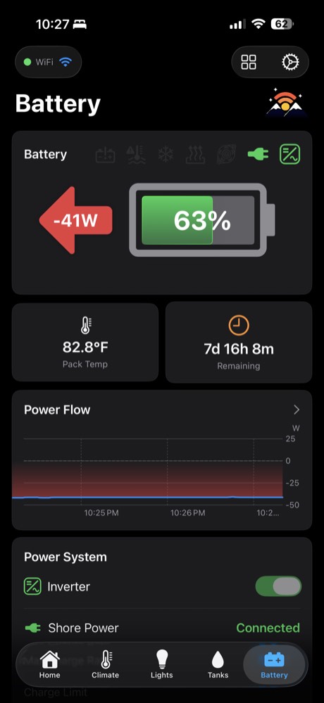 ModeBRIDGE app battery screen showing state of charge and live power readings.