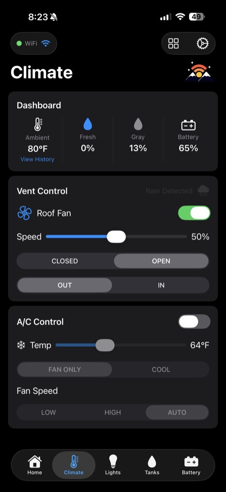 ModeBRIDGE app climate screen with the roof fan running at 50 percent and the vent open, plus an A/C temperature setpoint of 64 degrees, cool or fan-only mode, and automatic fan speed.