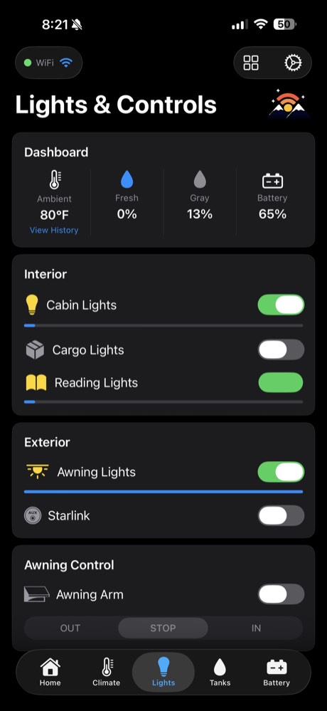 ModeBRIDGE app lights screen with cabin, reading and awning lights switched on, brightness sliders beneath each, and awning in and out controls.