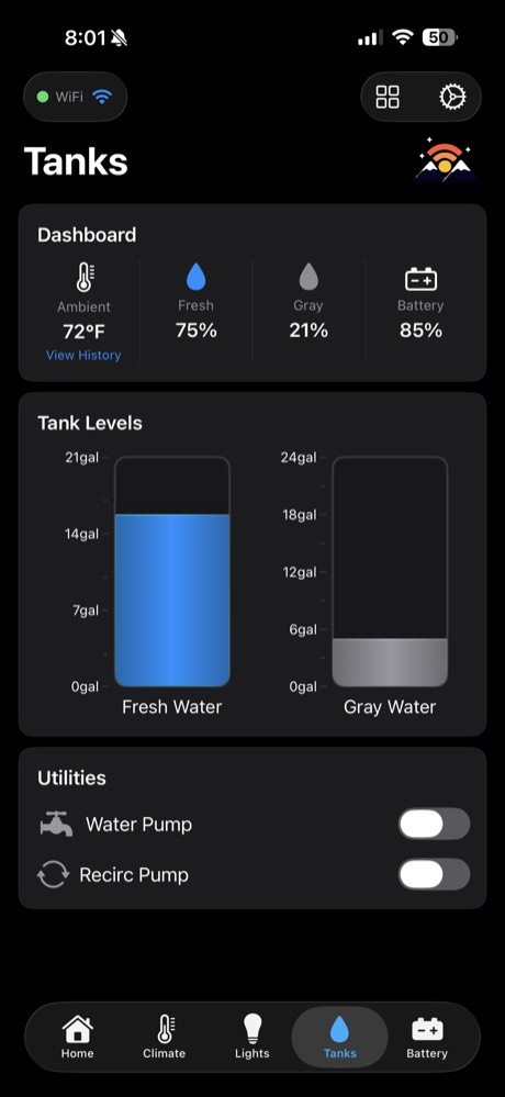 ModeBRIDGE app tanks screen showing fresh and gray water levels in gallons with water pump and recirculation pump controls.